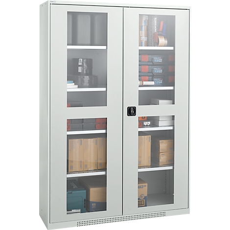 Gray steel cabinet with glass doors. Inside are shelves with various items.