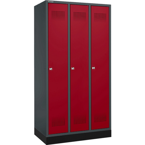 Een rode kast met drie deuren, grijze lijst, patroon van gaten bovenaan.