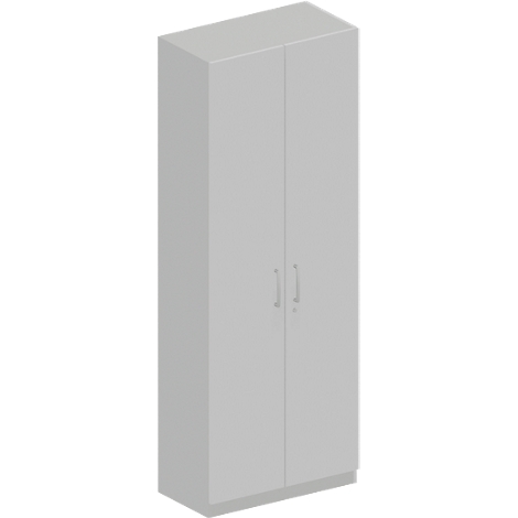 Ein grauer Schrank mit zwei Türen und zwei Griffen.