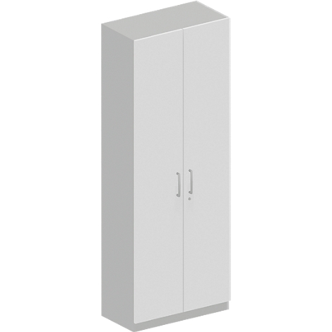 Weißer Schrank mit zwei Türen und zwei Griffen. Der Schrank steht vor einem neutralen Hintergrund.