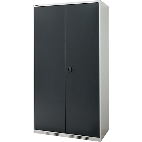A gray metal cabinet with two doors. The cabinet is framed in white and has a black handle.