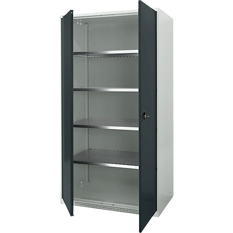 Gray steel cabinet with open doors. Inside there are four shelves.