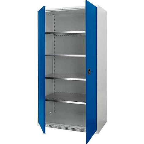 Open white cabinet with blue doors, three shelves, and a black handle.