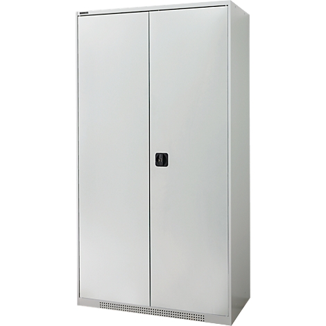 White steel cabinet with two doors and a black handle. Ventilation slots are located below the doors.