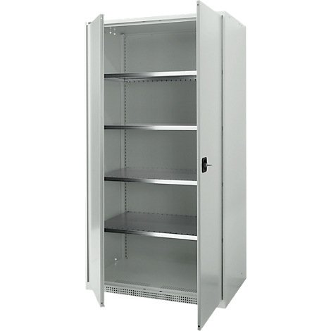 White cabinet with open doors. Four shelves. Black handle. Ventilation slots at the bottom.