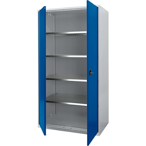 A white cabinet with blue doors open. Inside are several shelves.