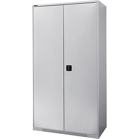 A gray metal cabinet with two doors and a black handle. There is a ventilation grid at the bottom.