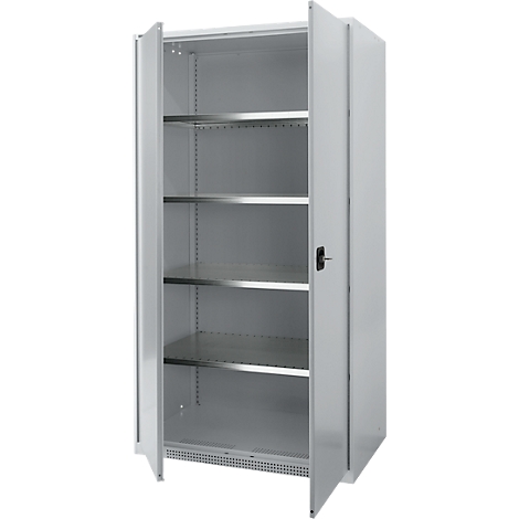A white steel cabinet with open doors, behind it 4 shelves.