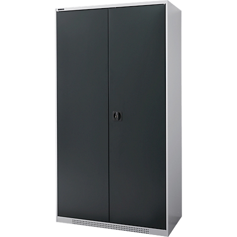 A gray steel cabinet with two doors against a white background.