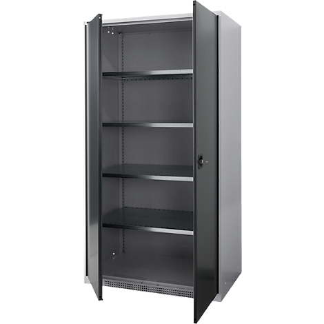 Grey steel cabinet with open doors showing shelves.