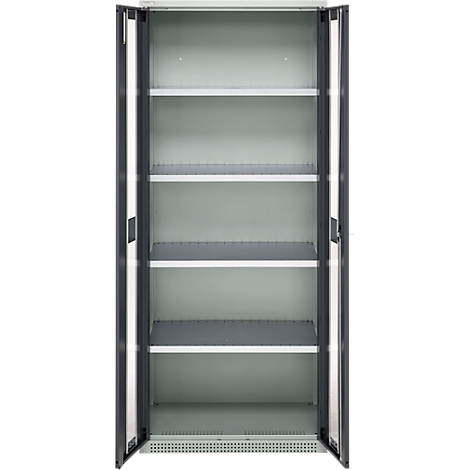 Grey, open file cabinet with five shelves. The doors are open, showing the inside.