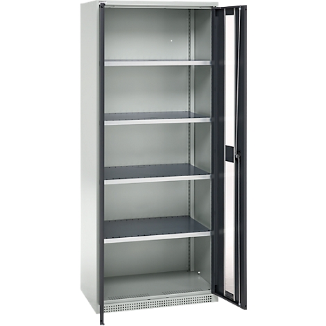 Opened steel cabinet with shelves. The grey door is open.