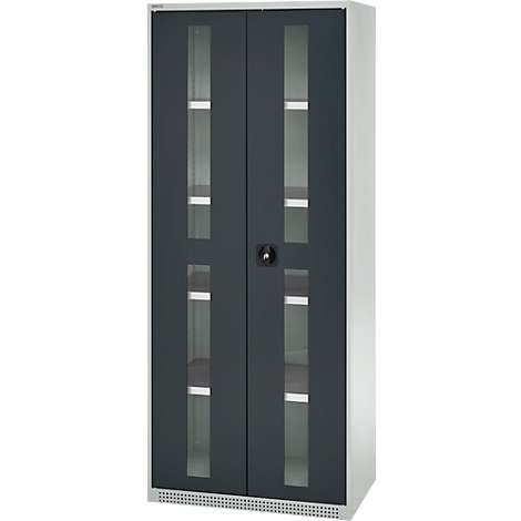 Cabinet with gray doors, glass windows, and shelves.
