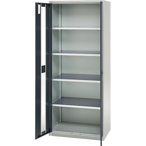 A gray cabinet with open doors, providing a view of five shelves. The cabinet stands against a neutral background.