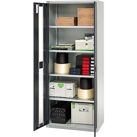 Grey tool cabinet with open door, filled with tools and materials.