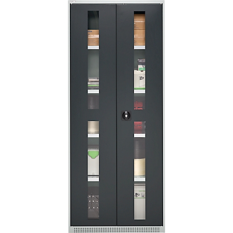 Dark grey cabinet with glass doors revealing shelves with products. A black lock in the center.