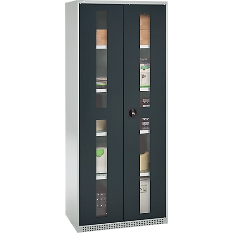 Dark gray filing cabinet with glass doors, filled with office supplies.