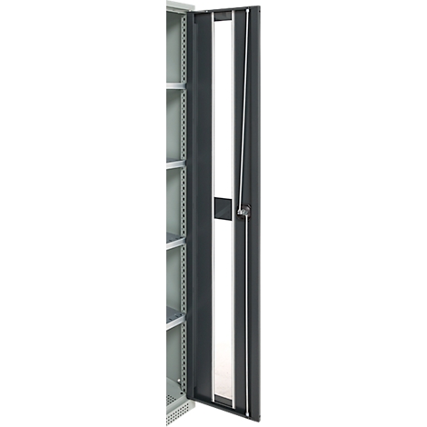 An open metal cabinet. The cabinet is gray and equipped with shelves. The open door shows a white background.
