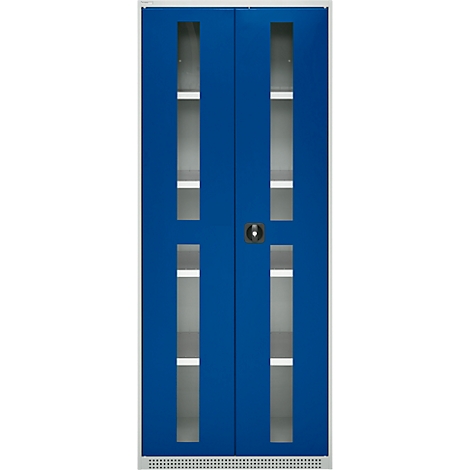 Blue and white double door with glass inserts and handle.