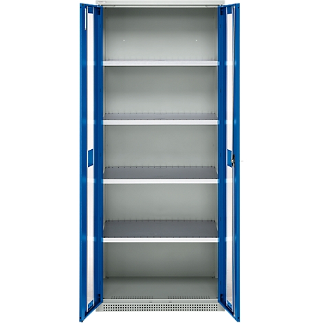 Blue and white steel cabinet with open doors, shelves, and gray trays.