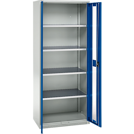 Open steel cabinet with 4 shelves. One door is blue, the other white.