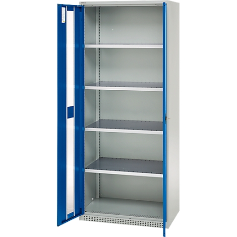 An open, grey steel cabinet with blue door frames. Inside, there are five shelves. One door is open.
