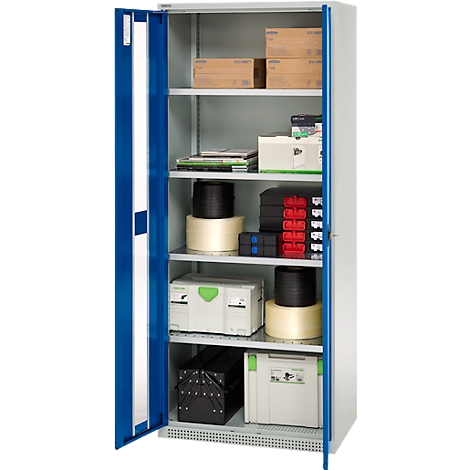 Open, blue steel cabinet filled with various tools and materials. Including boxes, tool cases, rolls and spools.