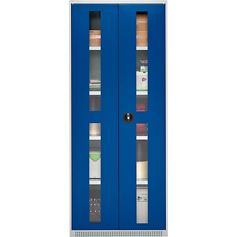 Blue filing cabinet with glass windows, filled with files and office supplies.