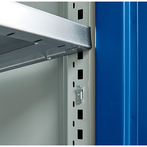 Detailed view of a metal shelf construction with silver shining shelves and a blue side wall.
