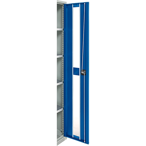 Cabinet with blue door, partially open, gray shelves visible.