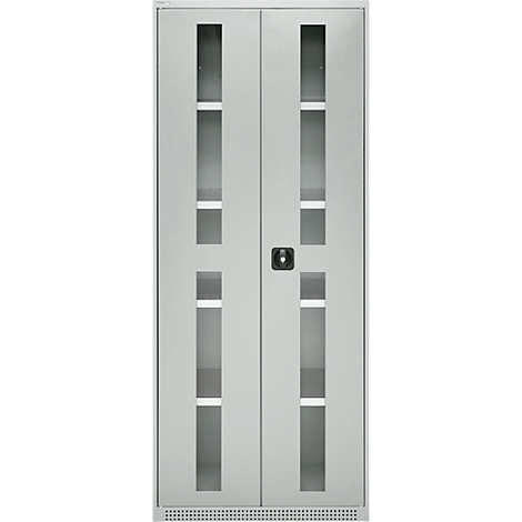Grey cabinet doors with rectangular glass inserts, a handle in the middle.