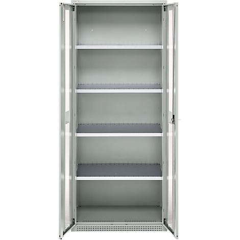 Open gray steel cabinet with six shelves visible through the open doors.