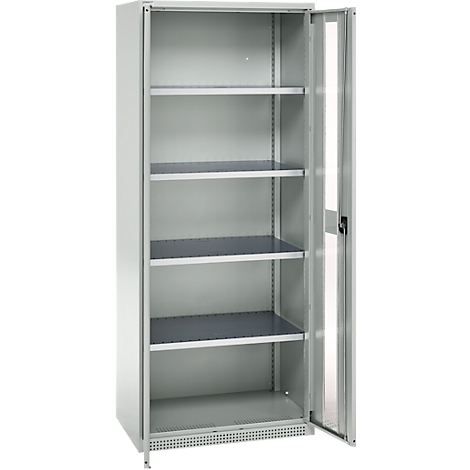Grey steel cabinet with open door, interior with five shelves. The cabinet stands in front of a white background.