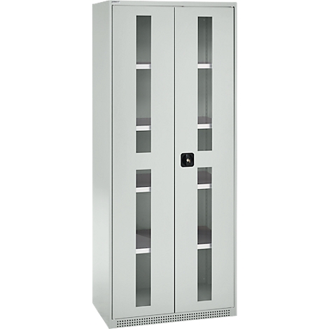 Gray steel cabinet with glass doors. Four glass sections per door show shelves. The cabinet has a black rotary handle.