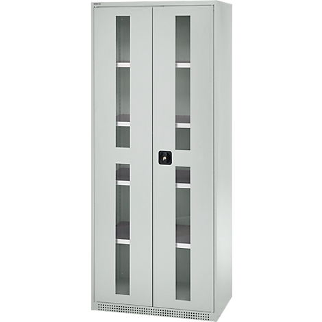 Gray steel cabinet with glass doors, shelves, and a black lock.