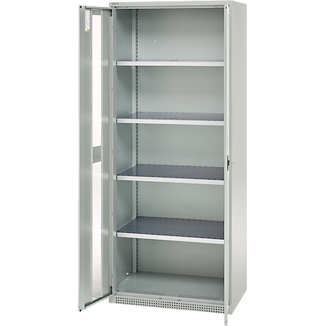 Gray metal cabinet, left door open. Interior view: Five shelves.