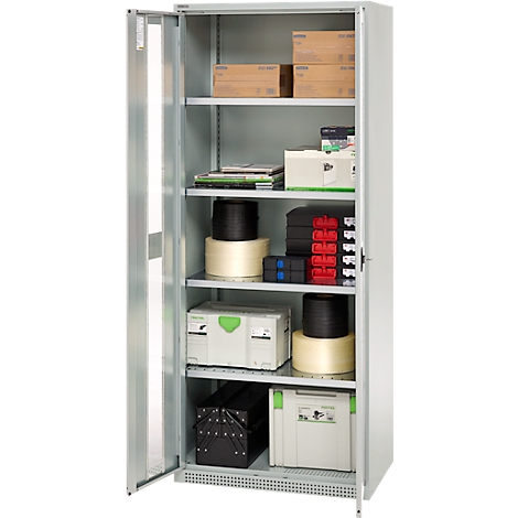 Open silver cabinet. Inside are boxes, spools and tool boxes.