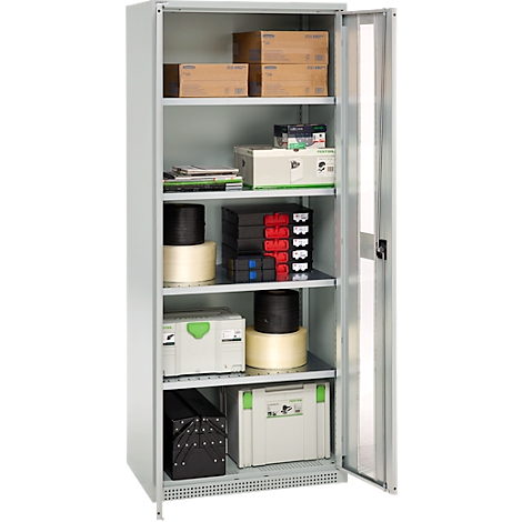 Grey cabinet with open door, filled with various items like boxes, toolboxes and rolls.