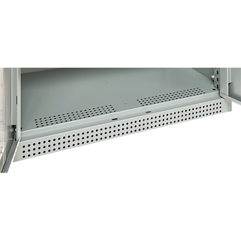 Detailed view of a grey metal cabinet. The lower shelf is perforated with small holes.