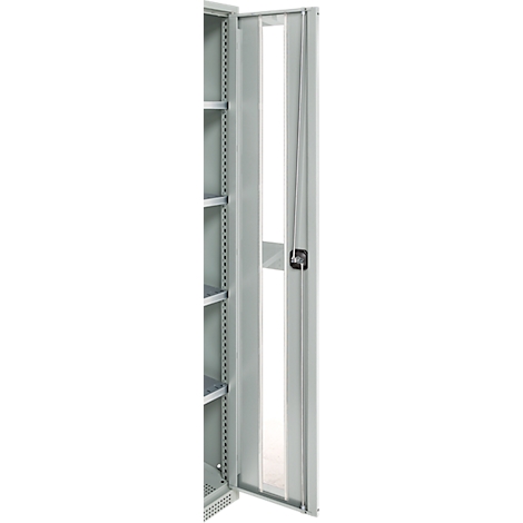 Gray metal cabinet, partially open. Shelves are visible. A handle is mounted on the door.
