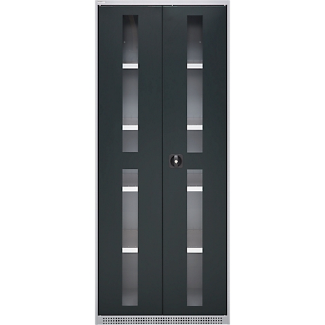 Double door in dark grey with glass windows and horizontal white stripes. A handle is in the middle.