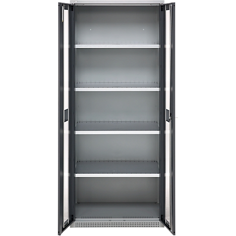 Open cabinet, six shelves, gray metal. The doors are open, the background is white.