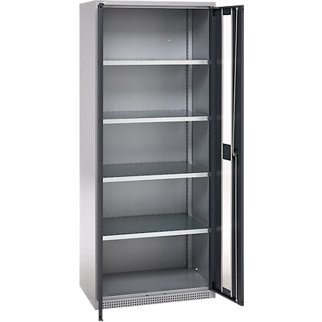 Grey metal cabinet with open door, view inside with shelves.