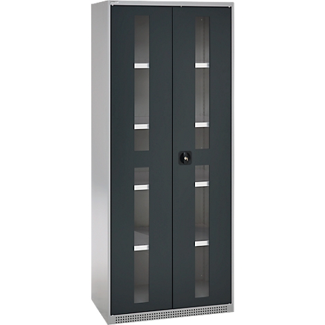 Gray steel cabinet with glass doors, interior shelves visible. Black handle. Clean lines, neat look.