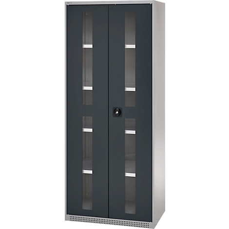 Dark grey office cabinet with two doors and glass windows. Light shelves are visible behind.