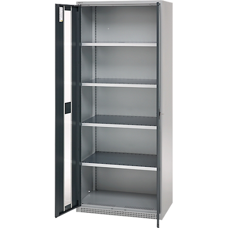 A grey steel cabinet with open doors, revealing five shelves.