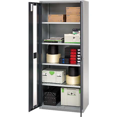 Opened metal cabinet with shelves. Boxes, tools, spools, and toolboxes.