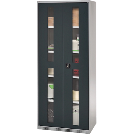 A gray steel cabinet with two doors that provide a view of the contents through glass windows.