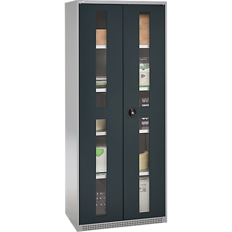 Dark gray filing cabinet with glass doors, filled with folders, papers and equipment.