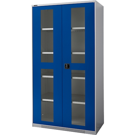 Blue and grey cabinet with glass doors, black handle and shelves. The interior is visible.